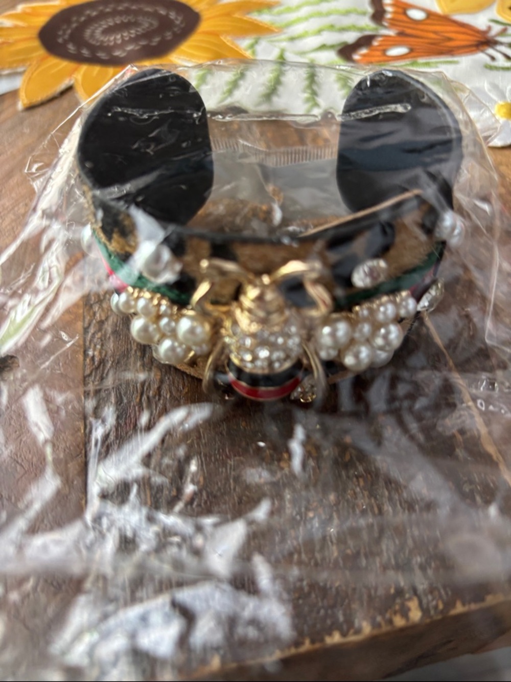 Gold Bee Cuff Bracelet with Pearl & Leopard Accent in Red and Green - Picture 2 of 2